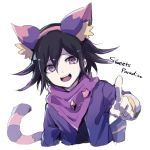  1boy alternate_costume animal_ears asuna_(doruru-mon) bangs black_hair cat_ears cat_tail commentary_request cropped_torso dangan_ronpa fake_animal_ears hair_between_eyes highres looking_at_viewer male_focus new_dangan_ronpa_v3 open_mouth ouma_kokichi pink_scarf pointing pointing_at_viewer purple_hair scarf simple_background sketch smile solo tail upper_body upper_teeth violet_eyes white_background 