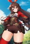  1girl amber_(genshin_impact) ankkoyom blue_sky blush brown_hair brown_shorts clenched_teeth clouds day genshin_impact hands_on_hips highres long_hair long_sleeves looking_at_viewer outdoors red_eyes red_legwear shorts sky smile solo teeth thigh-highs thighs 