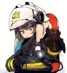  1girl arknights black_coat black_gloves brown_eyes brown_hair bunker_gear coat ddari fire_helmet firefighter flashlight gloves highres looking_at_viewer oxygen_tank parted_lips reaching_out shaw_(arknights) simple_background solo upper_body white_background 