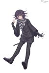  1boy alternate_costume bangs black_footwear black_hair black_legwear black_pants black_skirt checkered checkered_scarf closed_mouth commentary_request dangan_ronpa ewa_(seraphhuiyu) full_body gloves hair_between_eyes hand_up highres layered_sleeves long_sleeves looking_at_viewer male_focus new_dangan_ronpa_v3 ouma_kokichi pants plaid plaid_pants purple_hair scarf shirt short_hair simple_background single_glove skirt sleeves_past_wrists smile solo violet_eyes white_background 