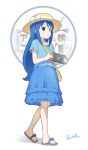  1girl aayh bag bangs blue_hair blue_shirt blue_skirt bow brown_eyes brown_headwear closed_mouth commentary_request eyebrows_visible_through_hair frilled_skirt frills hat hat_bow holding kotoha_(mitsuboshi_colors) long_hair mitsuboshi_colors nintendo_switch polka_dot_skirt shadow shirt short_sleeves shoulder_bag signature skirt smile solo sun_hat v-shaped_eyebrows very_long_hair walking white_background white_bow 