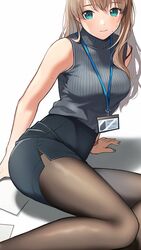  1girl black_legwear blonde_hair blue_eyes blue_skirt breasts doushimasho feet_out_of_frame grey_sweater highres id_card lanyard long_hair medium_breasts mole mole_on_arm original pantyhose pencil_skirt ribbed_sweater skirt sleeveless solo sweater sweater_vest thighband_pantyhose 