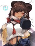  1girl absurdres animal_ears arknights bear_ears blush brown_hair commentary_request disembodied_limb fang fur furrification furry hand_on_another&#039;s_cheek hand_on_another&#039;s_face highres leto_(arknights) looking_at_viewer navel one_eye_closed open_mouth orange_eyes short_hair skin_fang smile solo_focus tab_head 