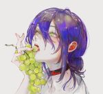  1girl black_choker blue_hair chainsaw_man choker eating food fruit grapes green_eyes grey_background hair_between_eyes hand_up holding holding_food holding_fruit kf8fw open_mouth portrait reze_(chainsaw_man) shirt simple_background solo white_shirt 