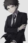  1boy arm_grab asuna_(doruru-mon) bangs black_jacket black_neckwear black_suit brown_eyes brown_hair closed_mouth collared_shirt commentary_request dangan_ronpa dangan_ronpa_3 formal grey_background highres hinata_hajime jacket layered_sleeves long_sleeves looking_down male_focus necktie serious shirt short_hair solo suit upper_body white_shirt 