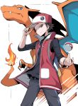  1boy badge baseball_cap belt black_pants black_shirt charizard closed_mouth coat commentary fire flame gen_1_pokemon hand_on_headwear hand_up hat highres looking_down open_clothes open_coat pants poke_ball poke_ball_(basic) pokemon pokemon_(creature) pokemon_(game) pokemon_masters_ex red_(pokemon) red_coat shimure_(460) shirt sleeves_past_elbows 