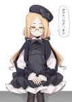  1girl bangs beret black_bow black_headwear black_jacket black_legwear blonde_hair bow closed_mouth commentary_request doll_joints dress frilled_dress frills glasses grey_dress hair_bow hat hat_bow highres jacket joints light_smile long_hair long_sleeves looking_at_viewer ogami_kazuki orange_eyes original pantyhose parted_bangs puffy_long_sleeves puffy_sleeves semi-rimless_eyewear sleeves_past_wrists solo tilted_headwear translation_request under-rim_eyewear very_long_hair white_background yellow-framed_eyewear 
