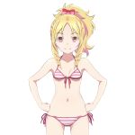  1girl absurdres bikini blush bow drill_hair eromanga_sensei hair_ornament highres holding holding_stylus lineart long_hair navel pink_bikini pink_bow red_eyes striped striped_bikini stylus swimsuit user_vymd5577 yamada_elf 