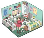  1girl backpack backpack_removed bag bed bob_cut book boots brown_backpack buttons cardigan chair clock closed_eyes closed_mouth clothes_hanger collared_dress commentary_request desk dress dressing eevee fishing_rod gen_1_pokemon gloria_(pokemon) green_headwear grey_cardigan hat headwear_removed itou_(mogura) nintendo_switch pink_dress poke_ball poke_ball_(basic) pokemon pokemon_(game) pokemon_swsh poster_(object) rotom_bike sash shelf short_hair smile socks standing tam_o&#039;_shanter television trash_can wardrobe 