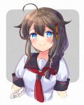  1girl ahoge alternate_costume blue_eyes blush braid brown_hair hair_flaps hair_ornament ittokyu kantai_collection looking_at_viewer school_uniform serafuku shigure_(kantai_collection) single_braid solo 