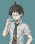  1boy ahoge asuna_(doruru-mon) bangs black-framed_eyewear black_hair blue_background breast_pocket brown_hair brown_neckwear collared_shirt commentary_request dangan_ronpa glasses green_background grin hand_on_hip hand_up highres hinata_hajime looking_at_viewer male_focus necktie pin pocket school_uniform shirt short_hair short_sleeves simple_background smile solo super_dangan_ronpa_2 sweatdrop teeth upper_body very_short_hair white_shirt wing_collar 