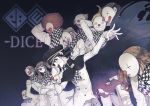  3girls 6+boys absurdres afro arm_behind_head arms_behind_head black_cape blonde_hair braid cape checkered checkered_neckwear checkered_scarf clown_mask dangan_ronpa eyeegg hand_on_hip highres holding holding_mask logo long_sleeves mask multiple_boys multiple_girls new_dangan_ronpa_v3 open_mouth ouma_kokichi scarf straitjacket twin_braids twintails 