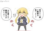  1girl armband black_jacket black_legwear blonde_hair chibi commentary_request crescent crescent_moon_pin cup full_body goma_(yoku_yatta_hou_jane) jacket kantai_collection long_hair low_twintails neckerchief open_mouth remodel_(kantai_collection) satsuki_(kantai_collection) school_uniform serafuku simple_background solo spoon standing thigh-highs translation_request twintails twitter_username wavy_mouth white_background yellow_eyes yellow_neckwear 