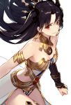  1girl absurdres armlet bangs black_hair black_ribbon closed_mouth detached_sleeves dress earrings fate/grand_order fate_(series) grey_headwear hair_ribbon highres hoop_earrings ishtar_(fate)_(all) ishtar_(fate/grand_order) jewelry leaning_forward long_hair looking_at_viewer neck_ring parted_bangs red_eyes ribbon simple_background single_detached_sleeve single_thighhigh smile solo standing strapless strapless_dress texture thigh-highs tiara two_side_up white_background white_dress yohaku 
