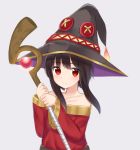  1girl bare_shoulders blush brown_hair closed_mouth dress glowing_staff grey_background hands_up hat highres holding holding_staff kake_kan kono_subarashii_sekai_ni_shukufuku_wo! long_sleeves looking_at_viewer medium_hair megumin red_dress red_eyes sidelocks simple_background smile solo staff two-handed witch_hat 
