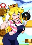  1girl alternate_costume bangs block blonde_hair blue_eyes crown eyebrows_visible_through_hair fire_flower hand_up highres looking_at_viewer super_mario_bros. mushroom one_eye_closed open_mouth overalls pin princess_peach shirt smile striped striped_shirt super_mario_bros. superretroheart 