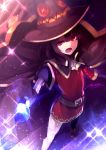  1girl belt cape capelet colorful explosion hat highres kono_subarashii_sekai_ni_shukufuku_wo! looking_at_viewer megumin multicolored multicolored_background open_mouth red_eyes short_hair staff xarlasar 