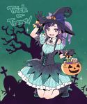  1girl candy english_text fang food full_body halloween_basket halloween_costume hanayori_jyoshiryou hat highres issindotai kohigashi_hitona looking_at_viewer medium_hair night open_mouth purple_hair shoes solo tree virtual_youtuber witch_hat 