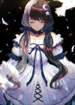  1girl animal bare_shoulders bird black_background black_bow black_hair black_ribbon blurry blurry_foreground bow closed_eyes closed_mouth collarbone depth_of_field dress facing_viewer hair_bow hair_over_shoulder highres isshiki_(ffmania7) long_hair long_sleeves multicolored_hair nijisanji off-shoulder_dress off_shoulder puffy_short_sleeves puffy_sleeves redhead ribbon short_over_long_sleeves short_sleeves silver_hair simple_background smile solo streaked_hair twintails two-tone_hair very_long_hair virtual_youtuber white_dress white_feathers yorumi_rena 