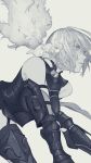  1girl armor bakushi_(kaeritai0609) bare_shoulders breastplate creature creature_on_shoulder eyebrows_visible_through_hair eyes_visible_through_hair fate/grand_order fate_(series) fou_(fate/grand_order) grey_background greyscale highres mash_kyrielight monochrome on_shoulder parted_lips short_hair simple_background spot_color vambraces violet_eyes 