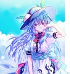  1girl arm_up black_headwear blue_bow blue_hair blue_sash blue_skirt blush bow bowtie breasts buttons clouds cowboy_shot day eyebrows_visible_through_hair food frills fruit hair_between_eyes hand_on_own_cheek here_(hr_rz_ggg) highres hinanawi_tenshi long_hair looking_at_viewer parted_lips peach puffy_short_sleeves puffy_sleeves red_bow red_eyes red_neckwear sash shirt short_sleeves skirt sky small_breasts smile solo sparkle standing touhou very_long_hair white_shirt 