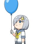  1girl 3toshinhmkz balloon blue_eyes blue_sailor_collar chibi cowboy_shot gloves grey_skirt hair_ornament hair_over_one_eye hairclip hamakaze_(kantai_collection) kantai_collection neckerchief pleated_skirt sailor_collar school_uniform serafuku short_hair silver_hair simple_background skirt solo white_background white_gloves yellow_neckwear 