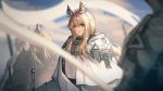  1girl 3others animal_ear_fluff animal_ears arknights bangs blemishine_(arknights) blonde_hair cape commentary eyebrows_visible_through_hair hair_between_eyes long_hair looking_at_viewer multiple_others official_art parted_lips ryuuzaki_ichi sidelocks upper_body white_cape yellow_eyes 