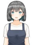  1girl :d apron bangs blue_apron blue_eyes blush breasts collarbone commentary_request earrings eyebrows_visible_through_hair grey_hair jewelry kurata_rine looking_at_viewer open_mouth original shirt short_hair short_sleeves simple_background small_breasts smile solo stud_earrings upper_body white_background white_shirt 