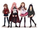  4girls ahoge aisaka_taiga black_hair black_skirt bread brown_eyes brown_hair cape finger_to_mouth flat_chest food highres holding holding_food idolmaster idolmaster_(classic) kugimiya_rie long_hair looking_at_viewer louise_francoise_le_blanc_de_la_valliere luicent minase_iori multiple_girls pink_eyes pink_hair school_uniform seiyuu_connection shakugan_no_shana shana skirt standing thigh-highs toradora! very_long_hair violet_eyes white_background zero_no_tsukaima 