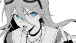  1girl blue_eyes blue_hair chain choker collarbone commentary_request dangan_ronpa ewa_(seraphhuiyu) fingerless_gloves gloves goggles hair_between_eyes highres iruma_miu long_hair looking_at_viewer middle_finger new_dangan_ronpa_v3 open_mouth sailor_collar simple_background solo spot_color tongue tongue_out upper_teeth white_background 