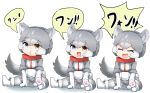  3girls animal_ears blue_eyes boots closed_eyes collar commentary_request dog_(mixed_breed)_(kemono_friends) dog_ears dog_girl dog_tail elbow_gloves eyebrows_visible_through_hair fang fur_trim gloves grey_fur grey_hair grey_jacket grey_legwear grey_skirt harness heterochromia highres jacket kemono_friends multicolored_hair multiple_girls open_mouth pantyhose paw_print_soles pleated_skirt red_collar short_hair short_sleeves sitting skirt sweater szgxmfd3b9airnx tail translated triangle_mouth white_gloves white_hair white_sweater yellow_eyes younger 