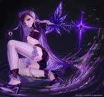  1girl black_background black_shirt black_shorts breasts crop_top destiny_child facial_mark headband high_heels highres holding holding_sword holding_weapon long_hair long_sleeves looking_at_viewer magic midriff outstretched_arm purple_footwear purple_hair rapier shirt short_shorts shorts small_breasts solo striped striped_legwear striped_shirt sword thigh-highs tokkihouse very_long_hair violet_eyes water watermark weapon white_legwear 