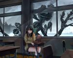  1girl anonamos black_hair black_neckwear blue_legwear blue_skirt chair classroom desk full_body ghost highres horror_(theme) indoors kneehighs long_hair looking_at_viewer mieruko-chan miniskirt monster necktie parted_lips pleated_skirt scared school school_chair school_desk school_uniform sitting skirt sweater trembling window yellow_eyes yotsuya_miko 