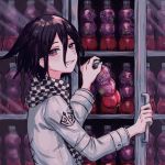  1boy bangs bottle brand_name_imitation checkered checkered_neckwear checkered_scarf dangan_ronpa fanta grin hair_between_eyes highres long_sleeves male_focus new_dangan_ronpa_v3 ouma_kokichi purple_hair refrigerator renshu_usodayo scarf smile soda soda_bottle solo straitjacket upper_body violet_eyes 