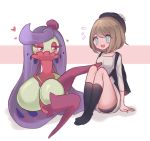  2girls alternate_color black_legwear blue_eyes breasts brown_hair claire_(clarevoir) clarevoir commentary english_commentary eye_contact flying_sweatdrops full_body gen_7_pokemon gloria_(pokemon) heart looking_at_another mixed-language_commentary multiple_girls no_shoes pokemon pokemon_(creature) pokemon_(game) pokemon_swsh shiny_pokemon sitting small_breasts socks tsareena violet_eyes 