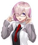  1girl :d adjusting_eyewear black-framed_eyewear black_shirt bright_pupils fate/grand_order fate_(series) fingernails glasses grey_jacket hair_over_one_eye highres jacket long_sleeves looking_at_viewer mash_kyrielight necktie one_eye_covered open_clothes open_jacket open_mouth pink_hair red_neckwear sage_joh shirt simple_background smile solo upper_body violet_eyes white_background 