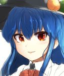  1girl bangs black_headwear blue_hair blush closed_mouth collared_shirt commentary_request eyebrows_visible_through_hair face food fruit hair_between_eyes hinanawi_tenshi long_hair looking_at_viewer peach portrait red_eyes red_neckwear shirt sidelocks simple_background smile solo touhou uisu_(noguchipint) white_background white_shirt 