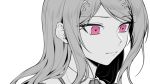  1girl akamatsu_kaede bangs close-up closed_mouth commentary_request dangan_ronpa ewa_(seraphhuiyu) eyebrows_visible_through_hair face hair_ornament highres long_hair looking_down musical_note musical_note_hair_ornament new_dangan_ronpa_v3 pink_eyes simple_background solo spot_color white_background 
