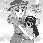  1girl :d animal animalization bangs belt birthday blunt_bangs character_name collared_shirt commentary_request dated eyebrows_visible_through_hair girls_und_panzer greyscale hairband holding holding_animal koala koala_forest_military_uniform long_hair looking_at_viewer monochrome nanashiro_gorou notice_lines open_mouth partial_commentary reizei_mako sam_browne_belt shirt short_sleeves shorts sitting slouch_hat smile sparkle takebe_saori thigh-highs translated 