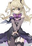  1girl absurdres bare_shoulders black_legwear blonde_hair bow breasts dress elbow_gloves eyepatch fischl_(genshin_impact) garter_straps genshin_impact gloves green_eyes hair_over_one_eye hair_ribbon highres long_hair looking_at_viewer purple_neckwear ribbon sh_(562835932) simple_background single_thighhigh small_breasts solo thigh-highs two_side_up white_background 