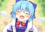  1girl blue_bow blue_dress blue_hair blush bow cirno closed_eyes crying dress grass hikuchi_riku ice ice_wings open_mouth outdoors red_neckwear short_hair sitting solo tearing_up tears touhou upper_body wings 