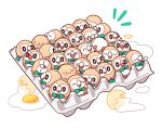  &gt;_&lt; chueog closed_eyes commentary_request egg_carton egg_yolk eggshell gen_7_pokemon looking_back no_humans open_mouth pokemon pokemon_(creature) rowlet sleeping tongue white_background 