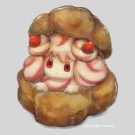  alcremie alcremie_(strawberry_sweet) artist_name closed_mouth commentary_request cream_puff food food_request gen_8_pokemon grey_background looking_up momomo12 no_humans pokemon pokemon_(creature) red_eyes shiny solo watermark 