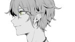  1boy amami_rantarou bangs closed_mouth commentary_request dangan_ronpa earrings ewa_(seraphhuiyu) face from_side green_eyes highres jewelry looking_to_the_side male_focus messy_hair new_dangan_ronpa_v3 profile short_hair smile solo spot_color 