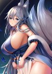  1girl animal_ear_fluff animal_ears azur_lane bare_shoulders blue_butterfly blue_collar blue_eyes breasts collar eyebrows_visible_through_hair feather_boa from_side hair_between_eyes halter_dress huge_breasts kitsune kyuubi large_tail looking_at_viewer manda_(manda9n) multiple_tails shinano_(azur_lane) shinano_(light_of_the_hazy_moon)_(azur_lane) sideboob silver_hair solo tail white_tail 