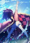  1boy arm_up cape clouds commentary_request day floating_hair fur-trimmed_cape fur_trim grass highres leggings legs_apart leon_(pokemon) long_hair male_focus number outdoors pokemon pokemon_(game) pokemon_swsh purple_hair red_cape shirt shoes short_sleeves shorts sky solo sou_230 standing white_shorts wristband 