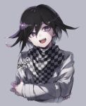  1boy asuna_(doruru-mon) bangs black_hair checkered checkered_scarf commentary_request dangan_ronpa eyebrows_visible_through_hair grey_background hair_between_eyes highres jacket long_sleeves looking_at_viewer male_focus medium_hair multicolored_hair new_dangan_ronpa_v3 open_mouth ouma_kokichi pink_hair purple_hair scarf self_hug simple_background smile solo straitjacket upper_body upper_teeth violet_eyes 