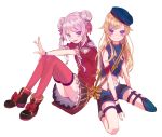  2girls :d bangs blonde_hair blue_hair blush bow braid double_bun fingerless_gloves gloves hat highres himehina_channel ichi_(iti562) long_hair looking_at_viewer midriff multicolored_hair multiple_girls navel open_mouth pink_hair seiza shirt short_sleeves shorts sidelocks sitting skirt sleeveless smile streaked_hair suzuki_hina tanaka_hime thigh-highs violet_eyes virtual_youtuber 