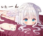  1girl animal_ears blue_eyes blush cat cat_ears cat_tail long_hair lying mizukoshi_(marumi) on_stomach original shirt short_sleeves simple_background solo tail thighs white_background white_hair white_shirt 