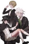  3boys absurdres bangs black_cape black_hair black_headwear blonde_hair blue_eyes cape chain chained checkered checkered_neckwear closed_mouth dangan_ronpa dangan_ronpa_1 formal glasses green_shirt hair_between_eyes hat highres jacket kneehighs komaeda_nagito leather leather_jacket long_sleeves male_focus migumi multiple_boys new_dangan_ronpa_v3 off_shoulder open_mouth ouma_kokichi shirt shorts simple_background suit super_dangan_ronpa_2 togami_byakuya violet_eyes white_background white_hair white_legwear 